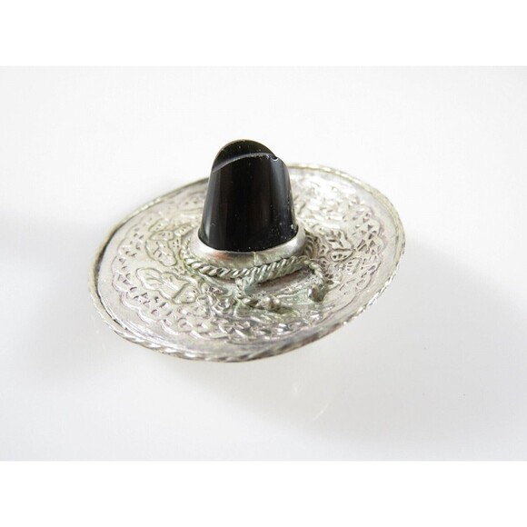 Fancy Sombrero Pin Brooch Sterling Silver & Onyx 925 Marked JE Hat Floral Design - Picture 4 of 9